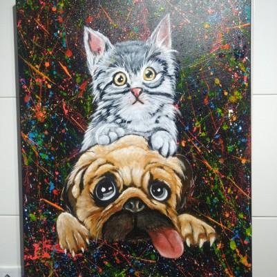 Quadro decorativo  pintado a mão cachorro e gato medida 80x60  