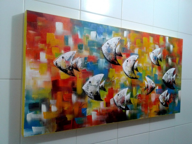 Quadro decorativo pintado a mão peixes 1A medida 50x100 cod 1052