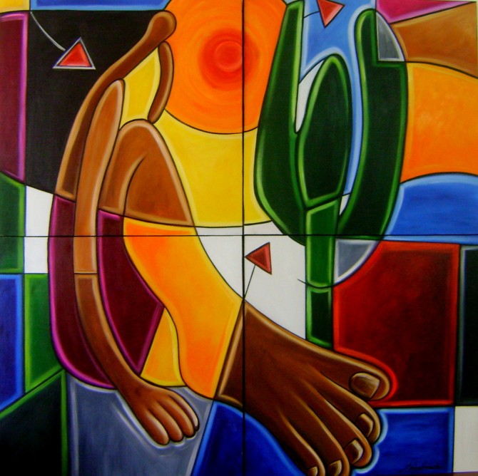 Quadro decorativo pintado a mão releitura de Tarsila do Amaral por Katia Almeida , O Abaporu  120x120 código 729