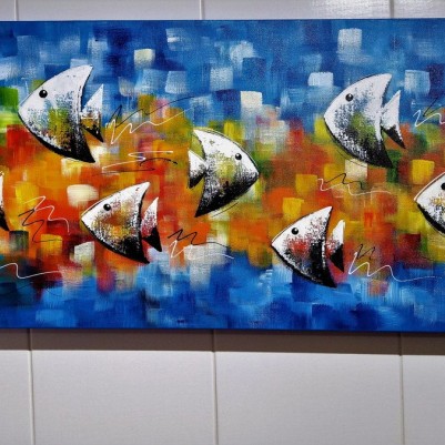 Quadro decorativo pintado a mão peixes 1A medida 40x100 cod 1391