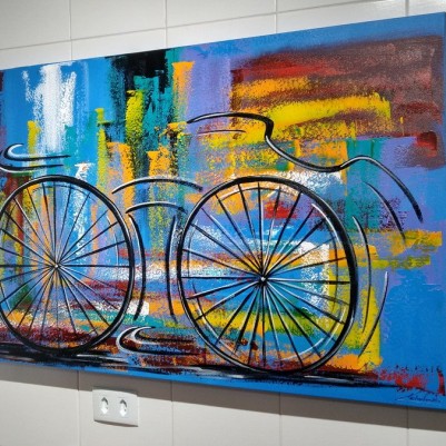 Quadro decorativo pintado a mão tema bike, ciclismo, bicicleta medida 70x120 código 1401