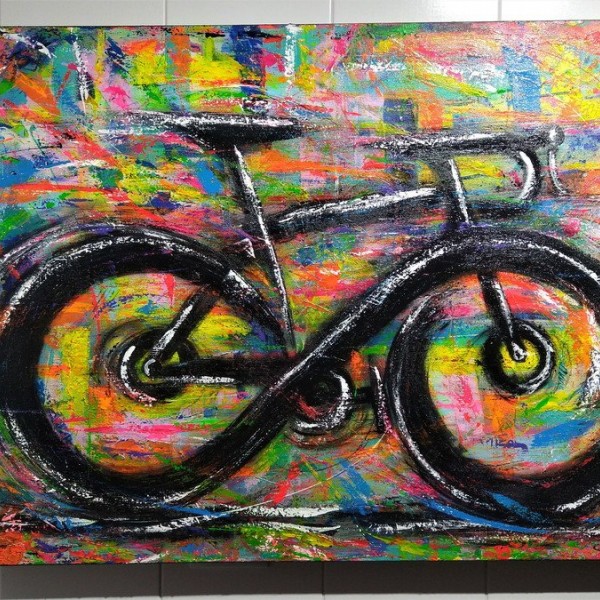 Quadro decorativo pintado a mão tema bike, ciclismo, bicicleta medida 80x120 código 1415